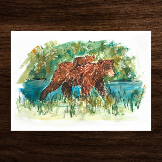 Mother Bear and Cub by the Water - Art Print