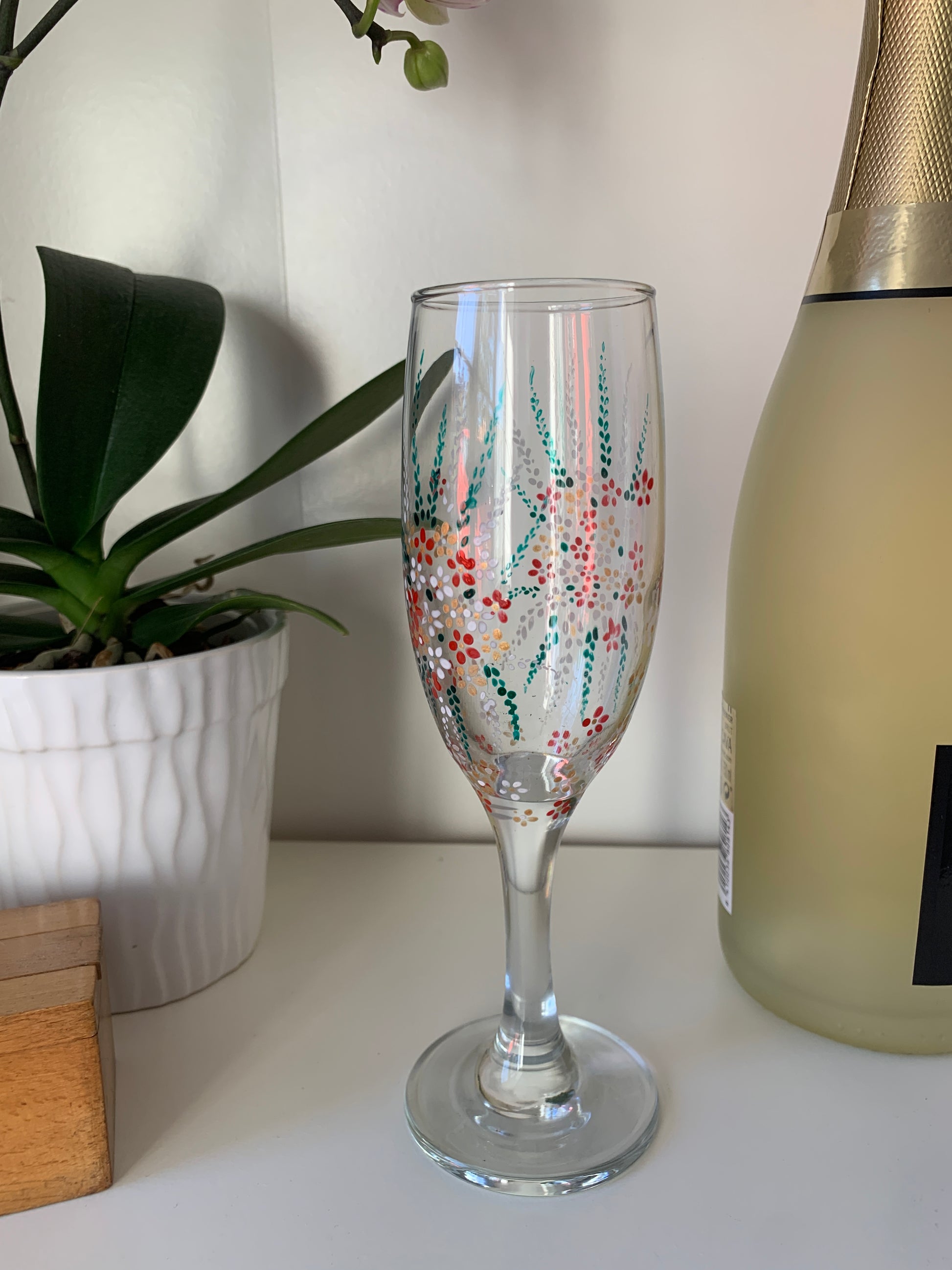 White Vintage Rose Hand Painted Champagne Flutes - 2 Flutes