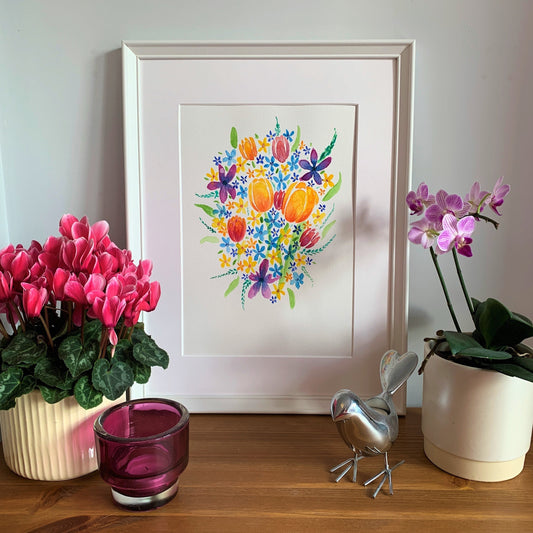 Original Watercolour Bright Tulips - Framed - Ready to Hang