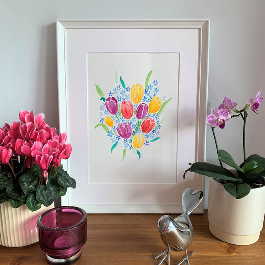Original Watercolour Multi Coloured Tulips - Framed - Ready to Hang