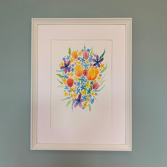 Original Watercolour Bright Tulips - Framed - Ready to Hang